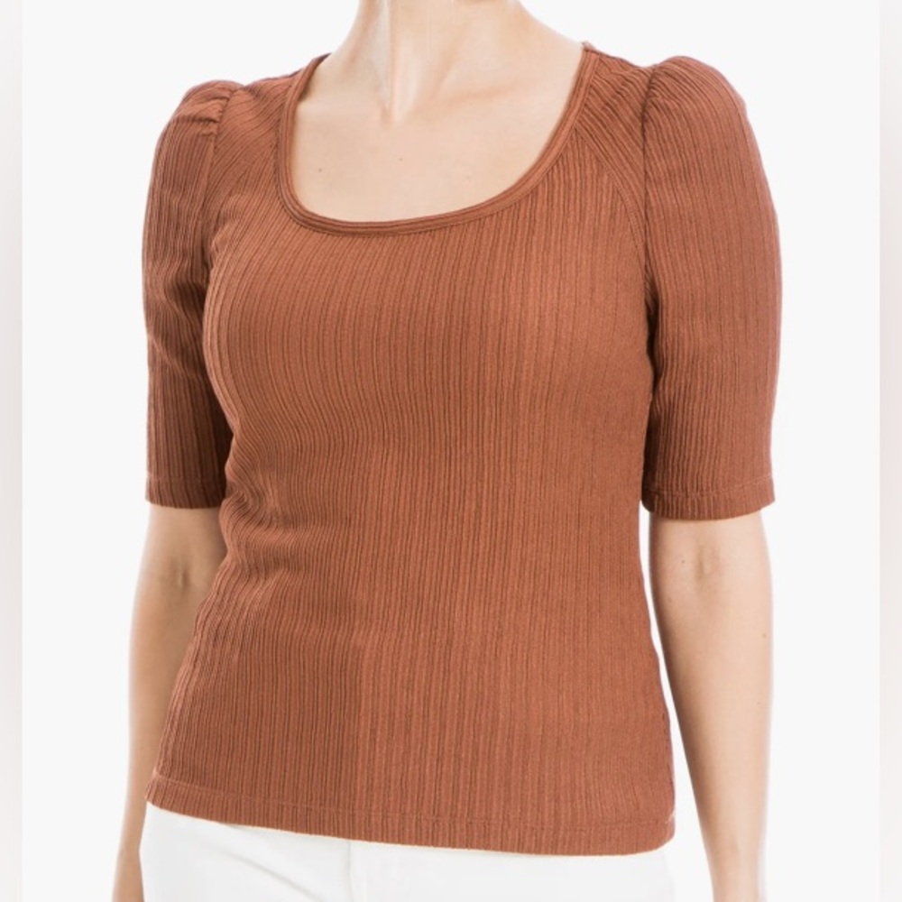 Max Studio NWT Rib Knit Chestnut Short Puff Sleeve Top SMALL sz S $118